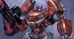 Transforming robot character with a powerful stance, featuring vibrant red and blue armor and futuristic weaponry.