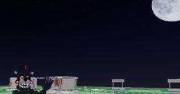 A character with a black costume and star emblem waves from a wooden stage under a starry night sky and large moon.