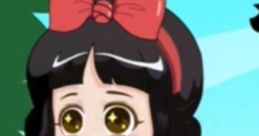 Cute animated character with large eyes and a red bow, wearing a sailor uniform, set in a vibrant outdoor scene.