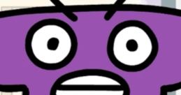 Purple character Pi from BFDI looks serious, wearing a tie and displaying a playful expression in a colorful setting.