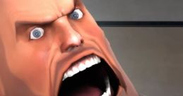 Heavy from TF2 showing an intense expression, baring his teeth and shouting, ready for battle with his minigun.