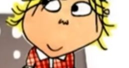 Lola from Charlie and Lola, playfully sitting on a chair in her red plaid dress, showcasing her mischievous personality.