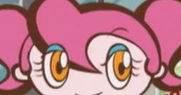 Digi girl character with pink hair and big eyes, wearing a blue top, stands in a lively animated setting, smiling.