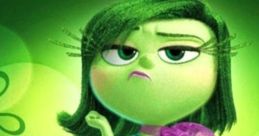 Disgust from Inside Out, with green skin and a stylish dress, expresses a sassy attitude in a vibrant green setting.