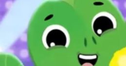Cheerful green Chameleon Linkuad character smiling and holding a tiny object with a vibrant purple background.