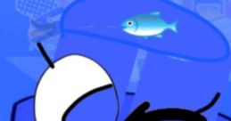 Blue character with a playful expression, wearing a blue hat and a fish swimming above, surrounded by a vibrant background.