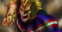 All Might stands powerful and fierce, covered in battle scars, embodying heroism and determination in an epic showdown.