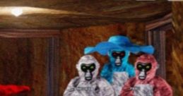 Colorful gorilla characters in a spooky setting from GORILLA TAG, featuring ghostly elements and warning bots.