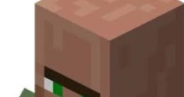 Minecraft Villager with green eyes and a brown blocky head, wearing a green robe, standing in a 3D pixelated world.