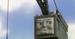 Cranky the Crane from Railway Adventures, smiling with a blue sky backdrop and seagulls perched nearby.