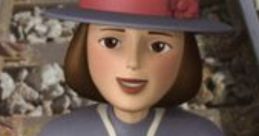 Lady Hatt in CGI Era, smiling with flowers, showcasing her iconic outfit and signature hat near railway tracks.