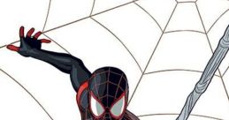 Miles Morales swings into action, showcasing his iconic black and red Spider-Man suit against a web backdrop.