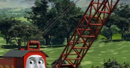 Rocky the Rescue Crane from the CGI Era positioned on tracks with a scenic green backdrop, showcasing his helpful character.