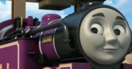 Ryan the Purple Tank Engine smiles on the tracks, showcasing his vibrant purple colors and charming design for young fans.