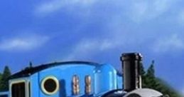 Thomas the Tank Engine with a surprised expression, as featured in Robot Chicken, set against a vibrant blue sky.