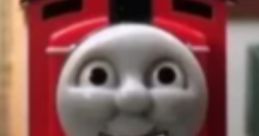 James the Red Engine from Robot Chicken, smiling brightly in a vibrant landscape, showcasing his playful character.