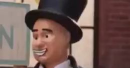 Sir Topham Hatt, also known as The Fat Controller, in a playful scene from Robot Chicken, showcasing his iconic outfit.