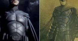 Batman from the Gotham TV Series depicted in a dramatic pose alongside a stylized character design sketch.