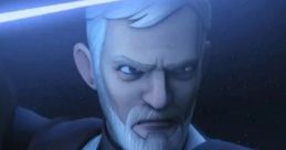 Jedi Master Obi-Wan Kenobi from Star Wars Rebels, wielding a lightsaber with a determined expression in space.