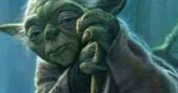 Grand Jedi Master Yoda, wise and powerful, resting with his cane in a lush, mystical forest setting.