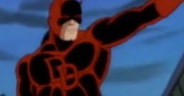 Matt Murdock as Daredevil strikes a dynamic pose against a city skyline in Fantastic Four the Animated Series.