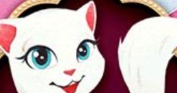 Cute cartoon cat character with big eyes and a playful pose, surrounded by a decorative border on a vibrant background.