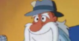 Father Time from Histeria!, animated broadcaster with a long beard and hat, smiling at the audience during a show.