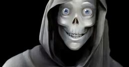 Skeletal figure in a dark hood, holding a bowl with a spoon, embodying the eerie charm of Death from Christmasville.