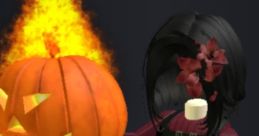 Roblox character Ela Dr3Ven holding a fiery pumpkin, showcasing a spooky Halloween theme with stylish attire.