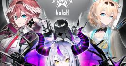 Hololive characters in a striking, vibrant illustration featuring unique designs and dynamic poses, showcasing creativity.