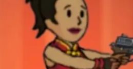 Stylized character in a red dress wielding a gun against an orange background, reminiscent of "Исключение Амата Альмодовар.