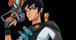Eli Shane stands confidently, equipped with a blaster and companion, ready for an adventure in a vibrant animated style.