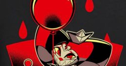 Fizziewise from Helluva Boss holding a red balloon, surrounded by a vibrant retro design and bold colors.