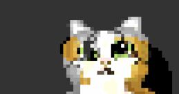 Pixel art of a cute cat with distinctive green eyes and a blend of orange and gray fur on a dark background.