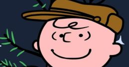 Linus from Peanuts holds a small Christmas tree, showcasing his iconic character in a festive scene against a night sky.