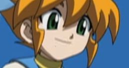 Yu from Beyblade, sporting vibrant orange hair, smiles confidently against a clear blue sky, ready for action.