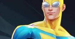 Invincible Mark Grayson stands confidently, showcasing his iconic yellow and blue superhero costume with a powerful physique.