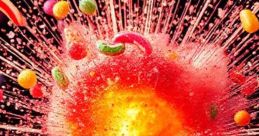Colorful candies explode in a burst of red and orange, creating a vibrant, sugary spectacle against a dark background.