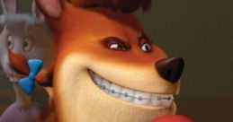 FoxyLoxy, a playful cartoon fox with braces, holds a red ball, showcasing a mischievous grin in a fun environment.