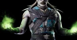 Quan Chi from MK1, wielding green energy, showcases his sorcerer abilities and dark attire against a black background.