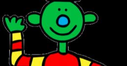 Colorful character Pickle from ToddWorld, with a green face, striped arms, and polka dot pants, waving cheerfully.