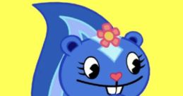 Blue cartoon squirrel character with a flower, expressing excitement. Playful vibe for #HTF #petunia #rabbids fans.