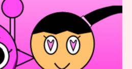 Cute character Pinkunicat N. with heart-shaped eyes, dressed in pink against a vibrant pink background. Playful design.