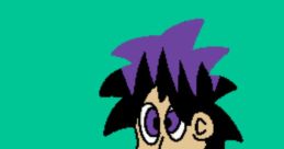 Sven from the Mario and Luigi Show, depicted with purple hairstyle and stylish black outfit against a teal background.