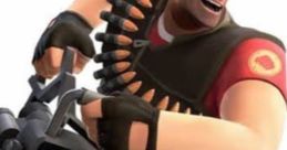 Heavy TF character wielding a powerful minigun, showcasing his muscular build and fierce attitude in a dynamic pose.