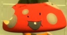 Cheerful Shroomy character from SMG4, wearing a colorful sash, stands confidently with a playful grin.
