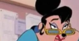 Unemployment Lady character from a cartoon, wearing glasses and looking intently while seated at a desk, showcasing her distinctive style.