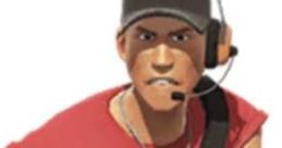 Scout from Team Fortress 2, wearing a red shirt and headset, ready for action with a confident expression.
