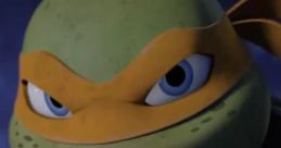 Michelangelo from Teenage Mutant Ninja Turtles, showing intensity with a fierce expression, ready to yell in battle.