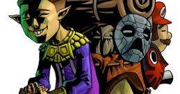 Happy Mask Salesman from Majora's Mask, carrying various masks and supplies, embodies the game's whimsical art style.